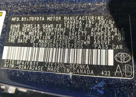 2005 Toyota Corolla Le z USA, uszkodzony, nr VIN 2T1BR30E85C367835